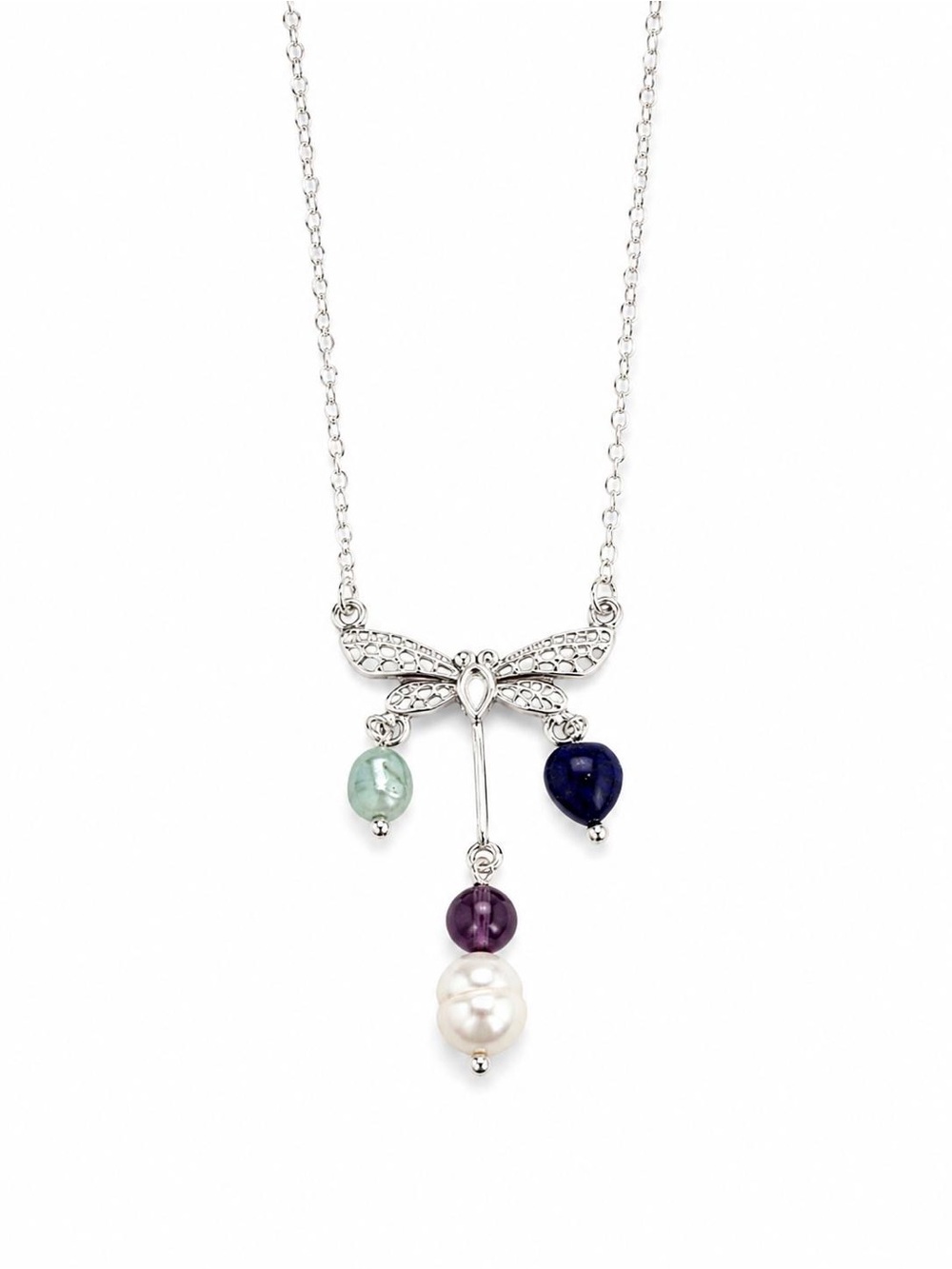 925 Sterling Silver Dragonfly Necklace W/Natural Stones